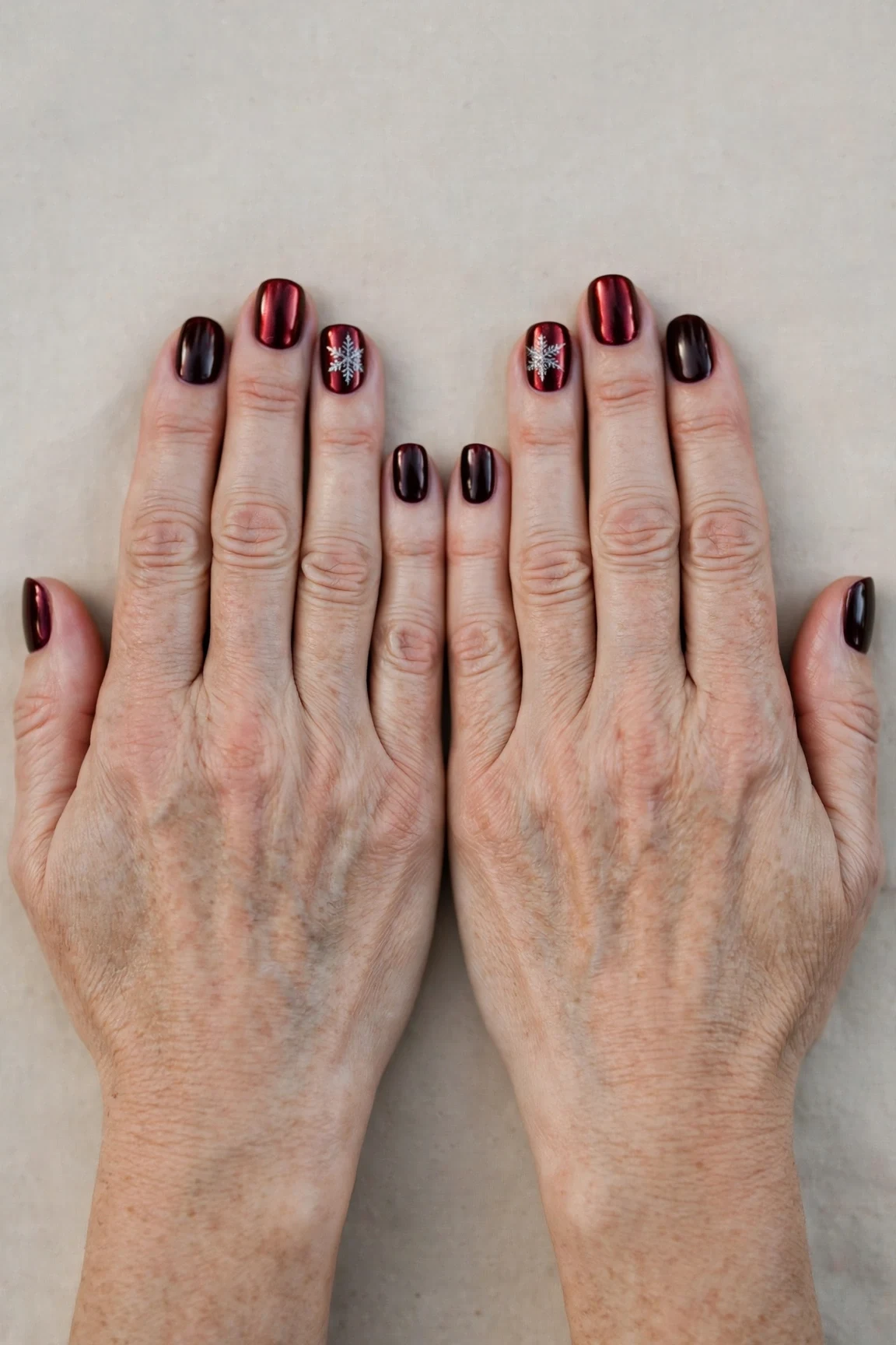 Short Square Dark Cherry Velvet Nails with a chrome shine and a delicate snowflake on the ring finger
