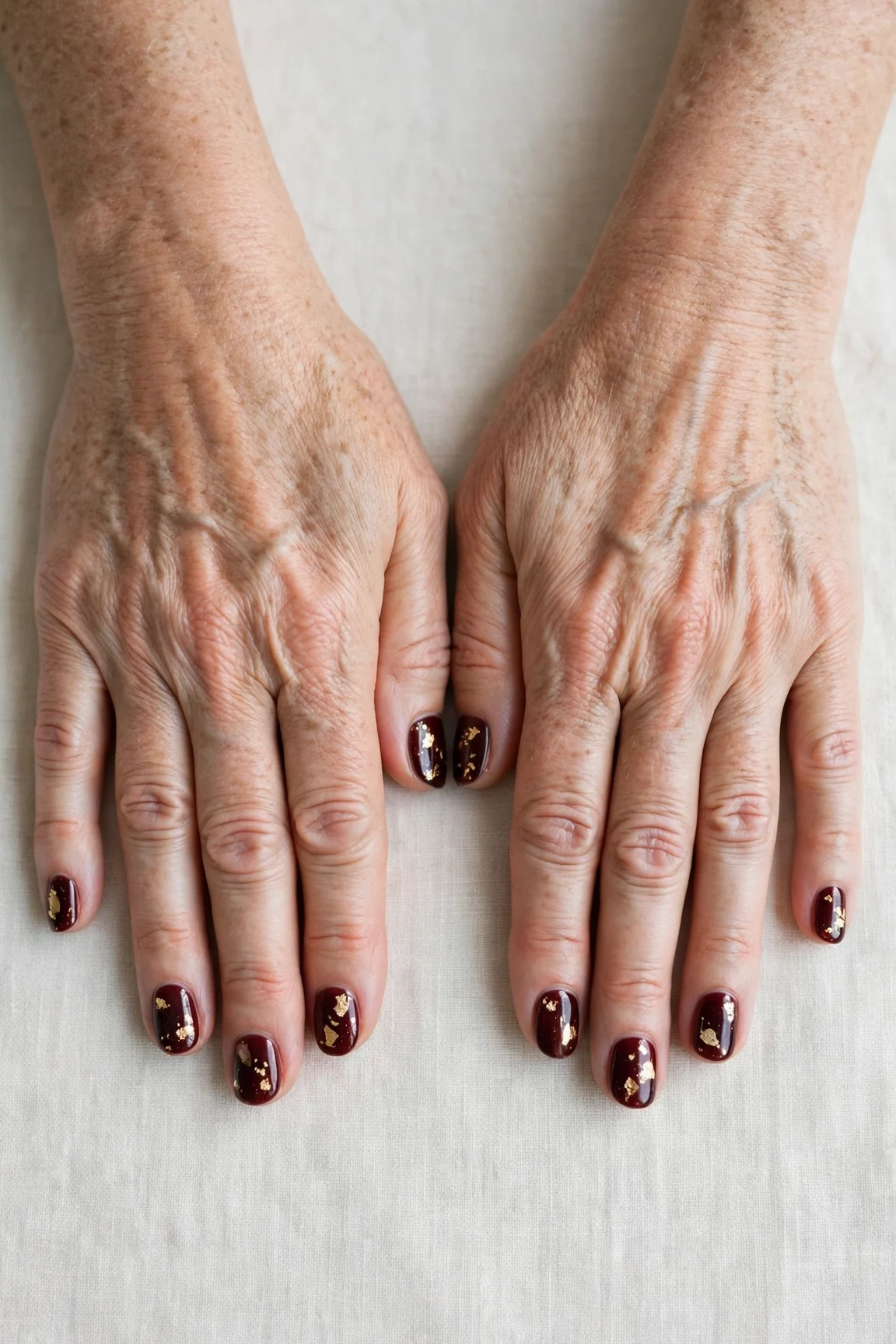 Dark Cherry Velvet Short Nails with a sheer jelly finish and gold foil accents