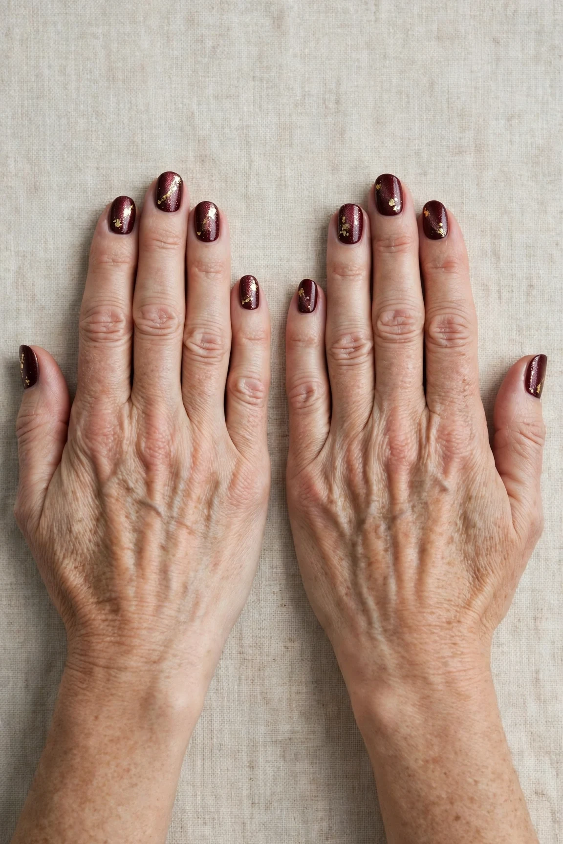 Dark Cherry Velvet Short Nails with a pearl shimmer finish and gold foil accents