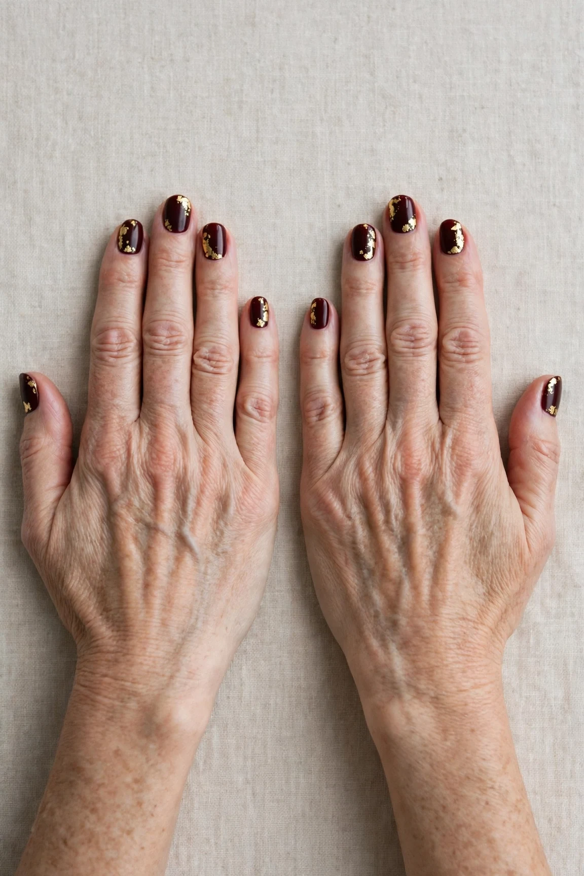 Dark Cherry Velvet Short Nails with a creamy opaque finish and gold foil accents