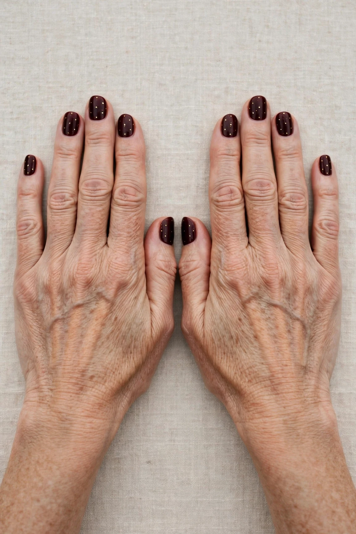 Dark Cherry Velvet Short Nails with a creamy opaque finish and tiny gold dots