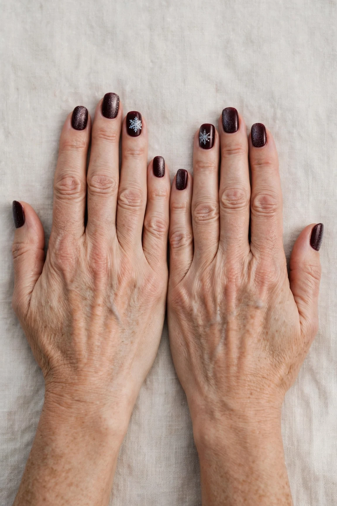Dark Cherry Velvet Short Nails with a frosted shimmer finish and a delicate snowflake on the ring finger