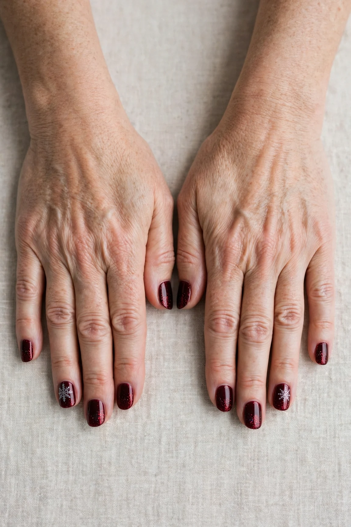 Dark Cherry Velvet Short Nails with a glitter gradient finish and a delicate snowflake on the ring finger