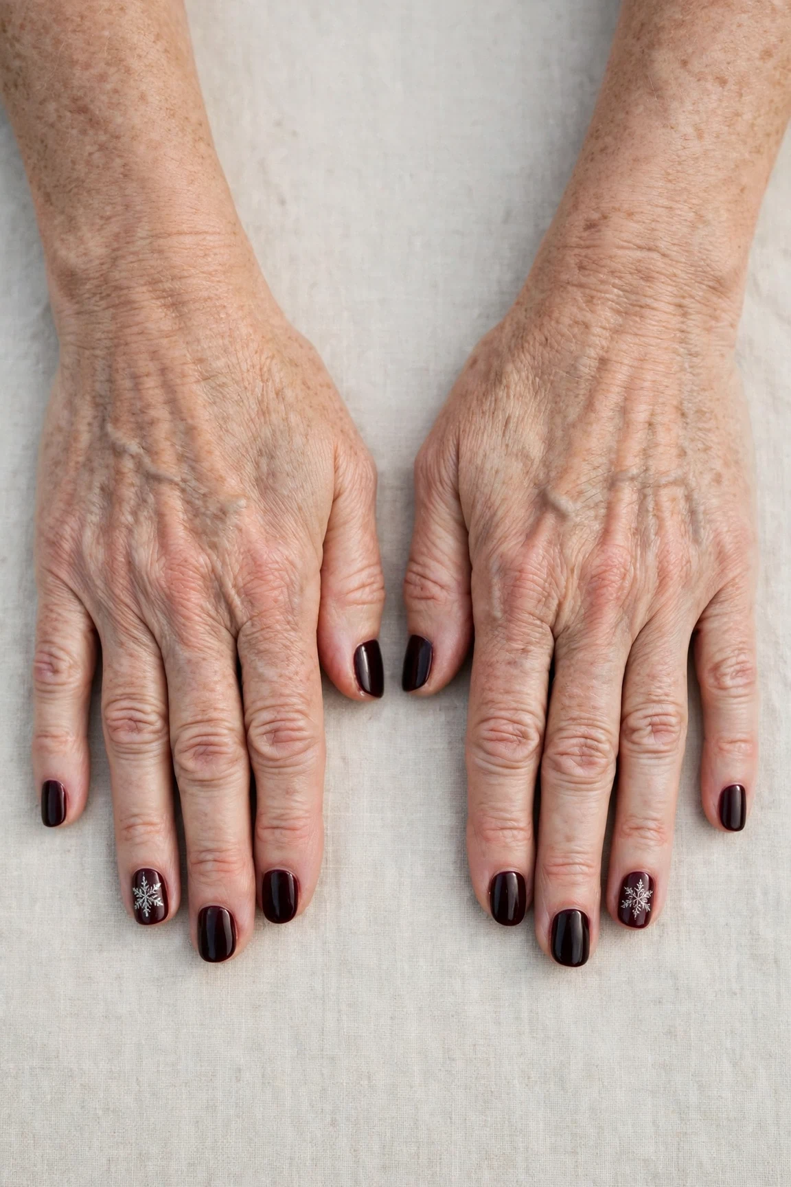 Dark Cherry Velvet Short Nails with a deep glossy shine and a delicate snowflake on the ring finger