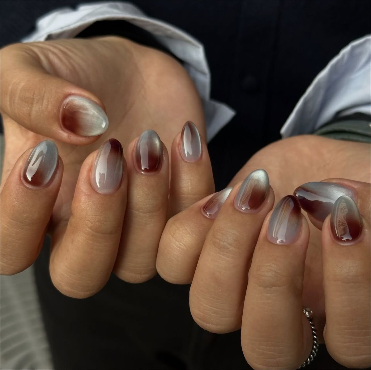 50 Dark Jelly Gradient Nails for Winter Evening Events That Are Deep, Glossy and Made for the Night 6 Burgundy Grey Jelly Gradient Oval Nails for Winter Evening Events