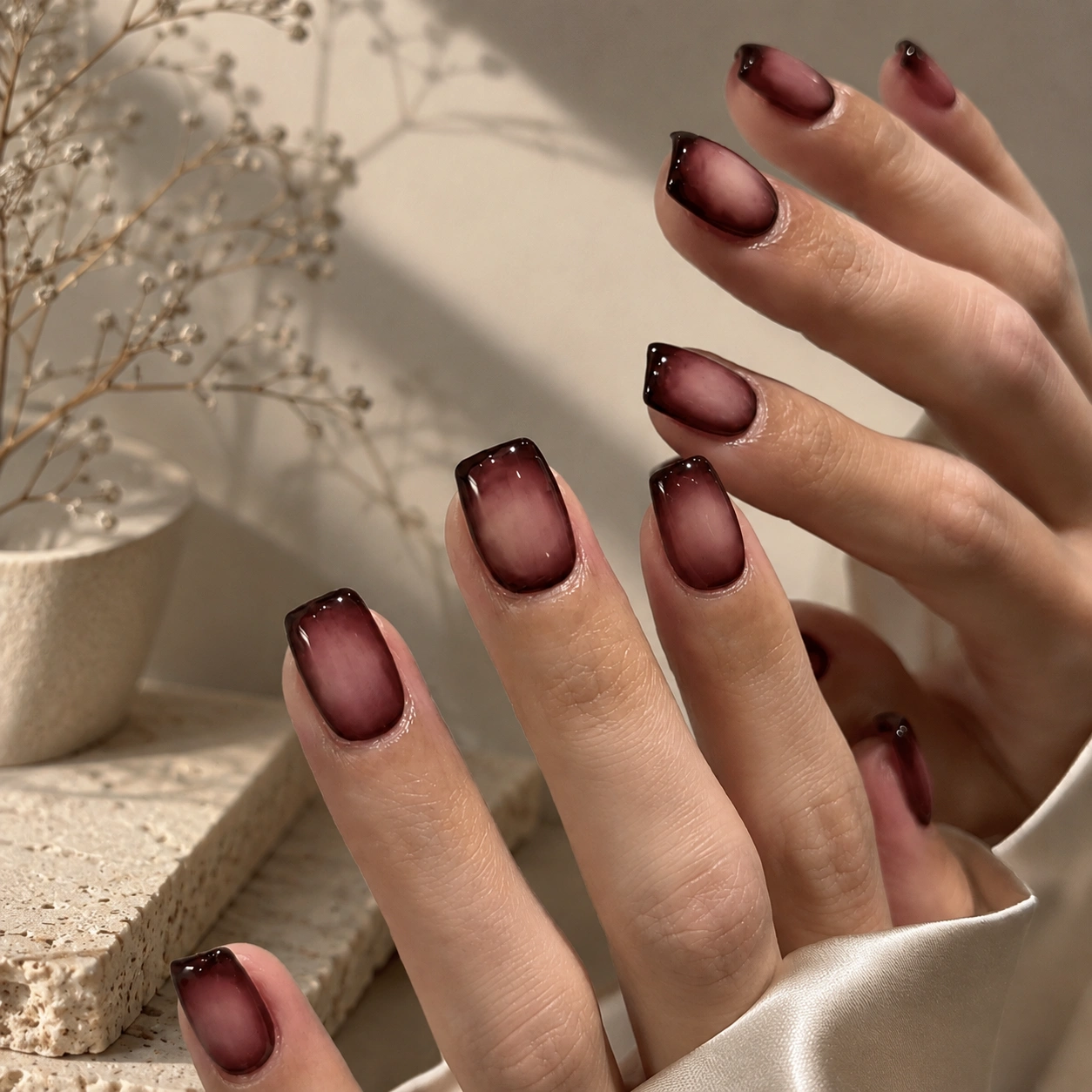 50 Dark Jelly Gradient Nails for Winter Evening Events That Are Deep, Glossy and Made for the Night 7 Burgundy Jelly Gradient Square Nails for Winter Evening Events