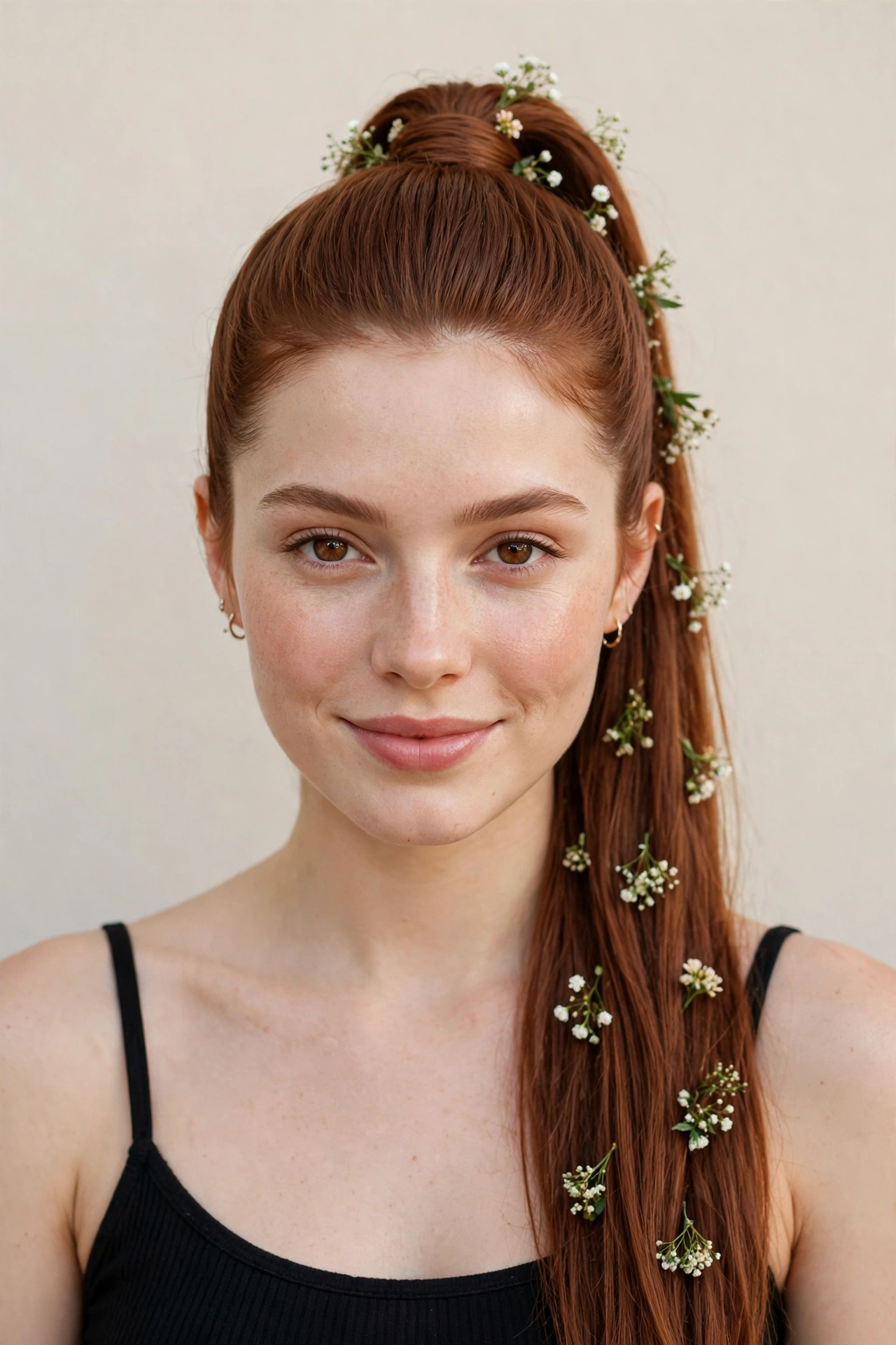 Soft Auburn Date Night Hairstyles with a Sleek High Ponytail with Tiny Fresh Flowers