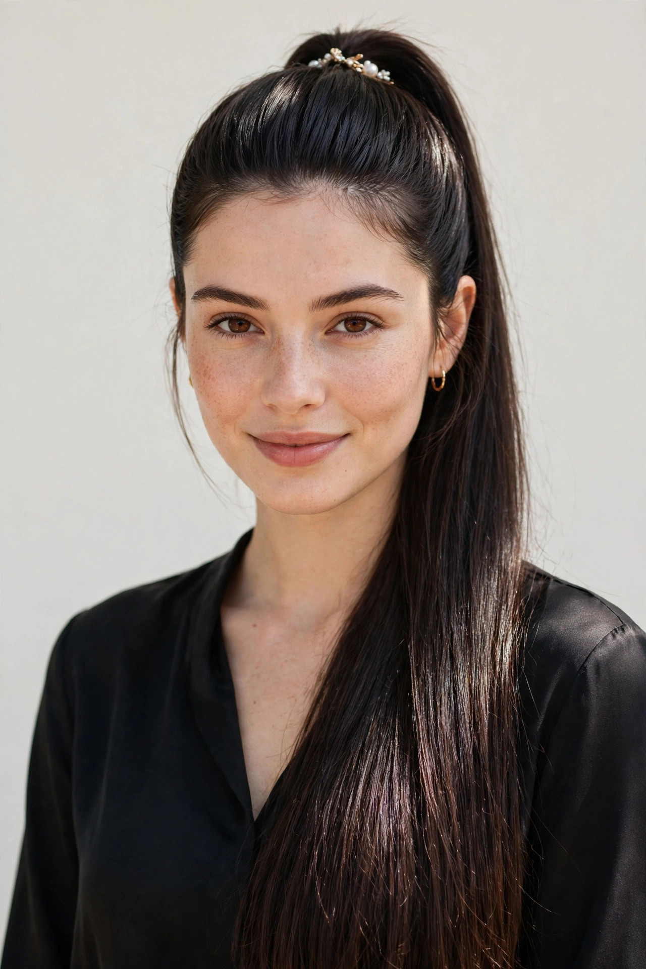 Date Night Hairstyles with a Sleek High Ponytail in deep brunette with a sleek with shine finish