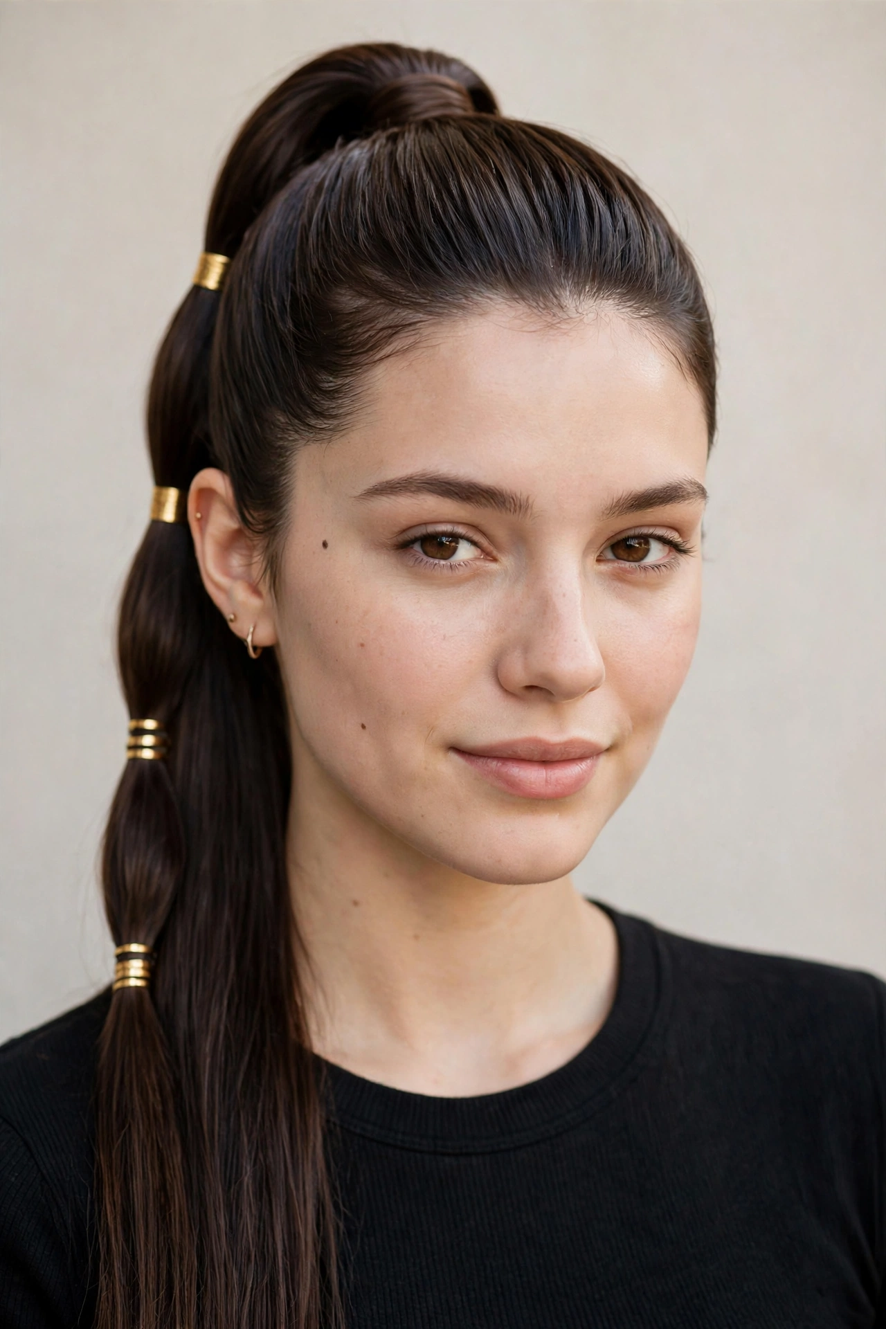 Dark Chocolate Date Night Hairstyles with a Sleek High Ponytail with Small Gold Cuffs