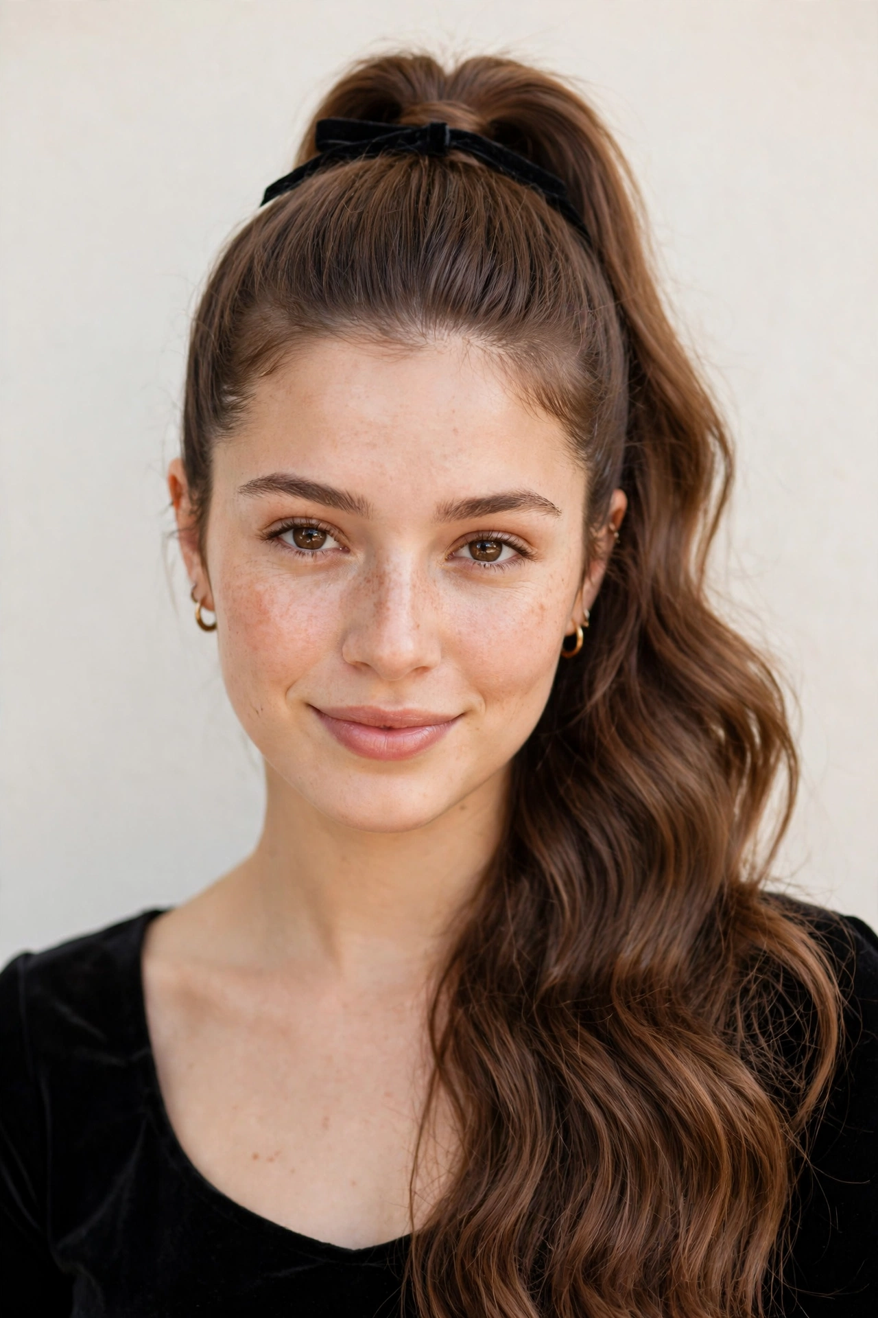 Date Night Hairstyles with a Sleek High Ponytail in warm brown with a softly waved finish