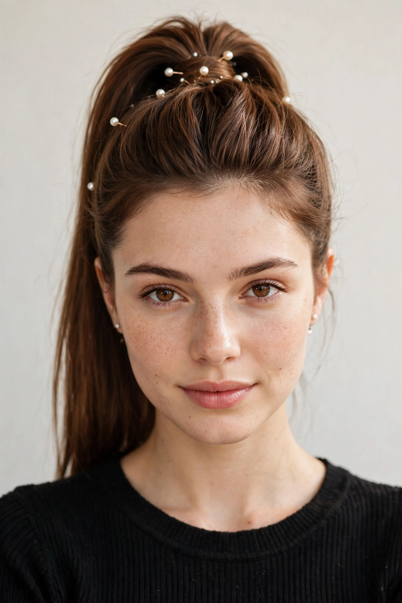 Chestnut Date Night Hairstyles with a Sleek High Ponytail with Delicate Pearl Pins