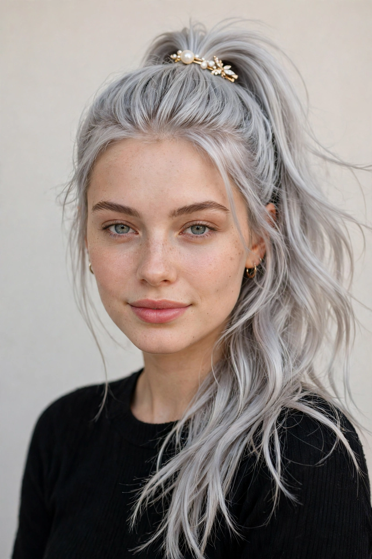 Date Night Hairstyles with a Sleek High Ponytail in silver with a relaxed with movement finish