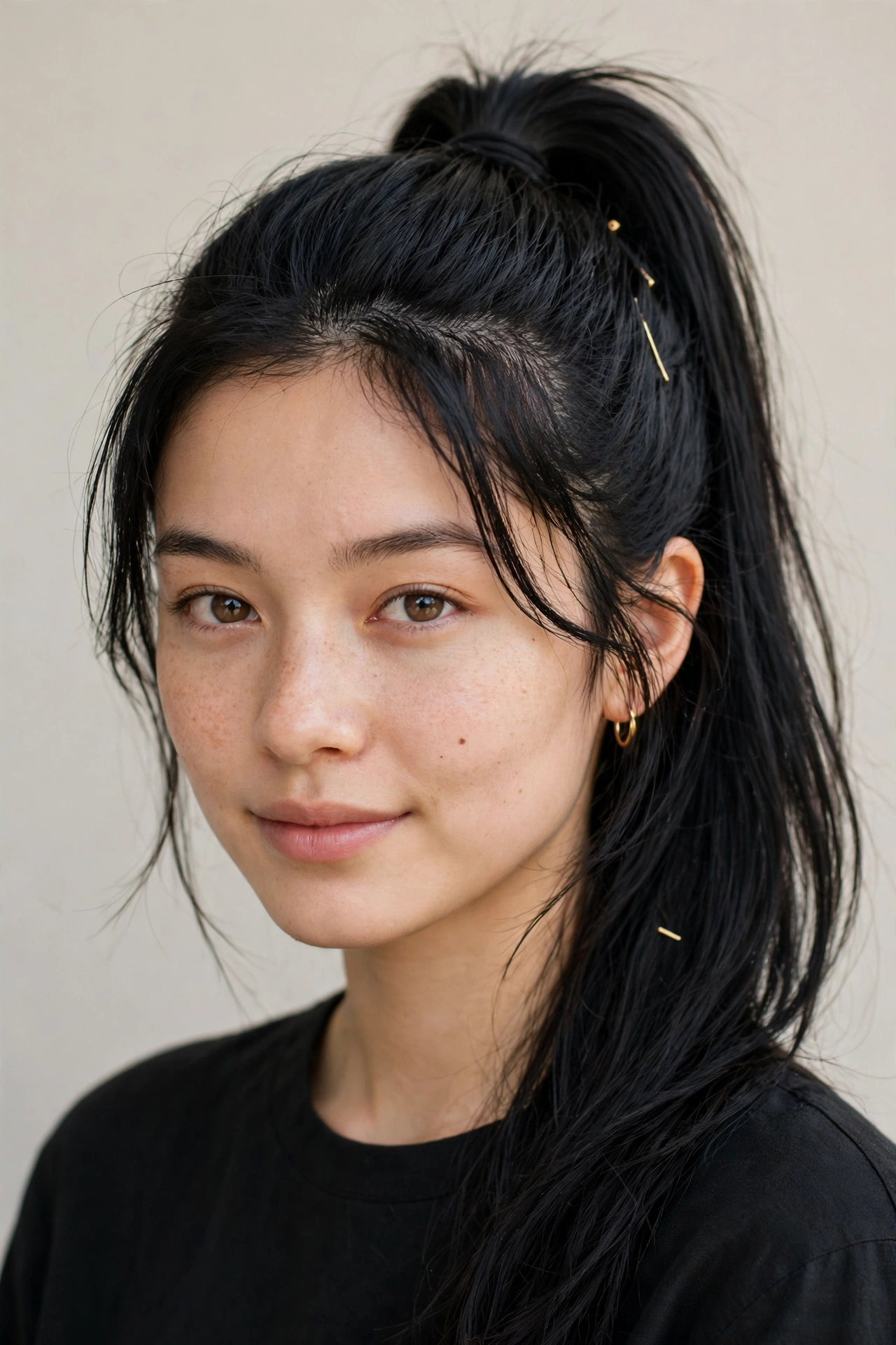 Soft Black Date Night Hairstyles with a Sleek High Ponytail with Minimal Gold Pins