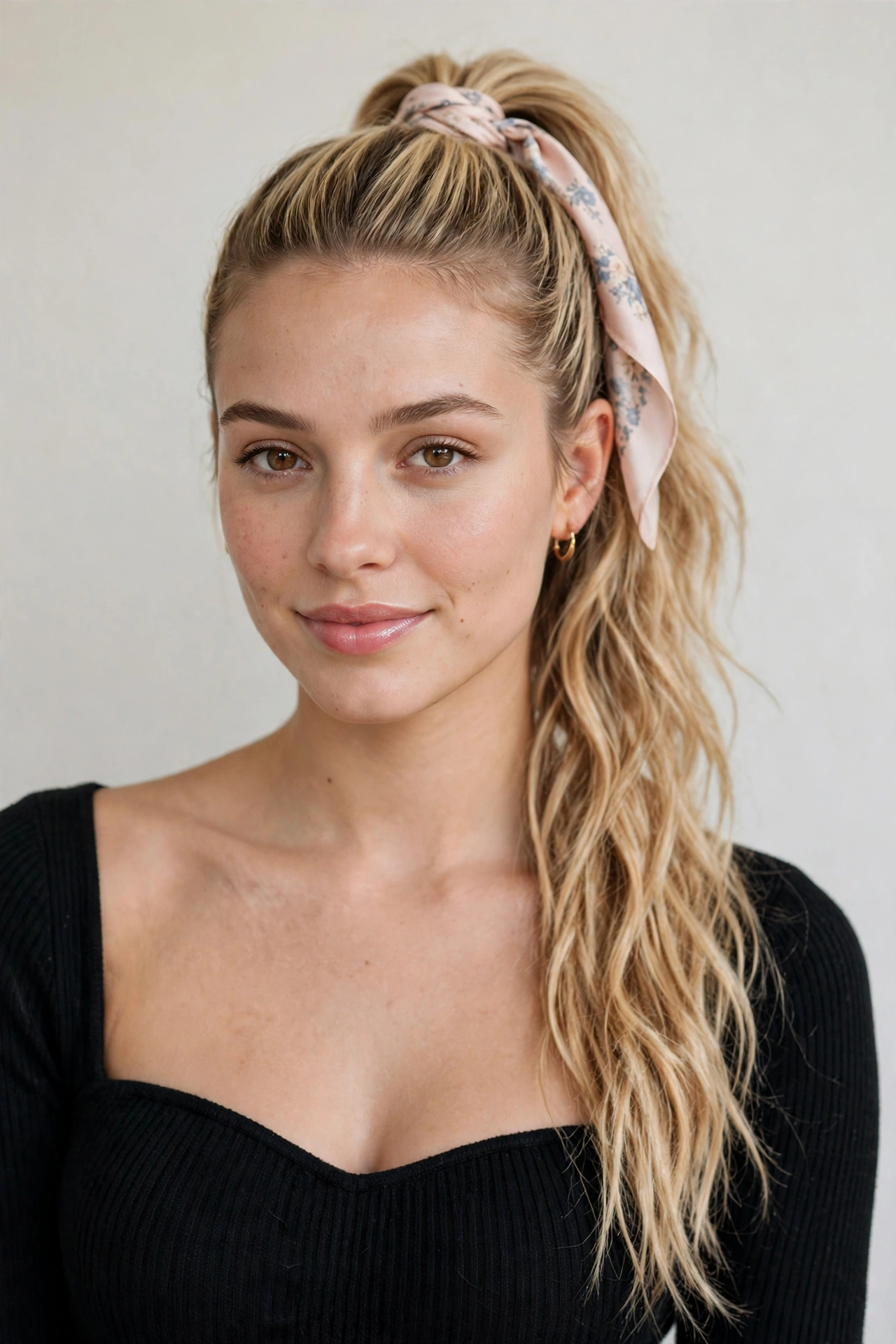 Date Night Hairstyles with a Sleek High Ponytail in honey blonde with a softly textured finish
