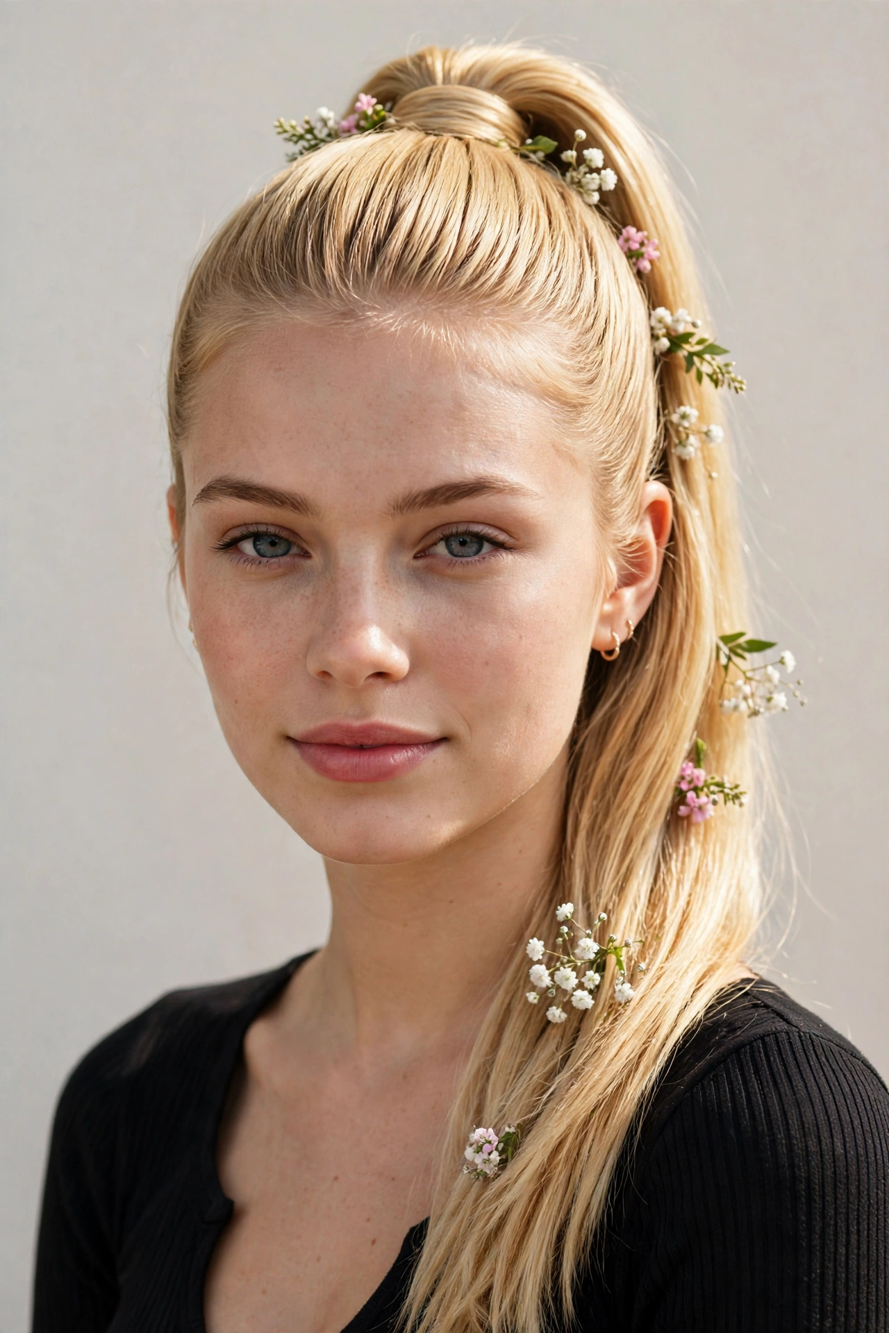 Golden Blonde Date Night Hairstyles with a Sleek High Ponytail with Tiny Fresh Flowers
