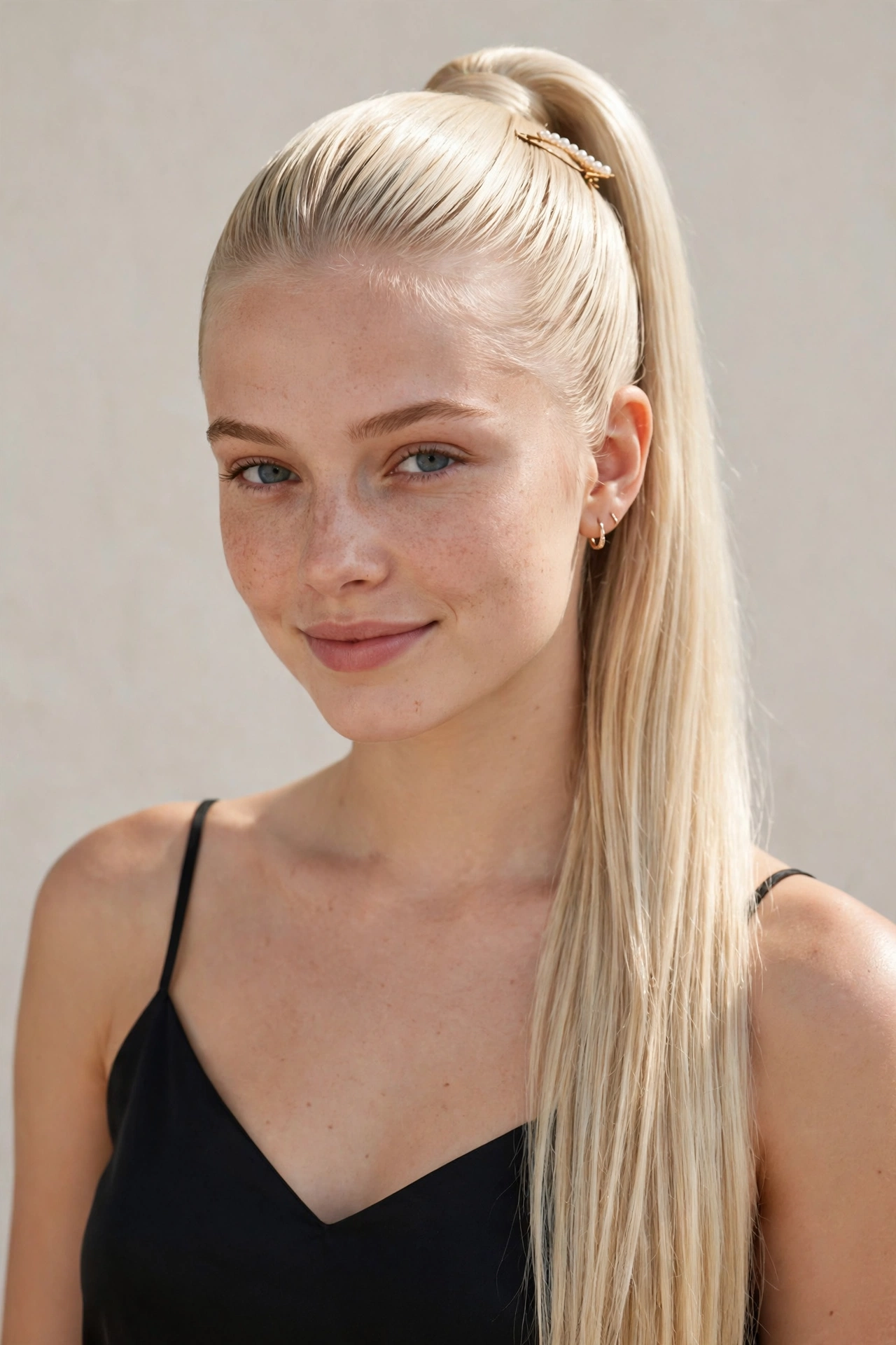 Date Night Hairstyles with a Sleek High Ponytail in platinum blonde with a sleek with shine finish