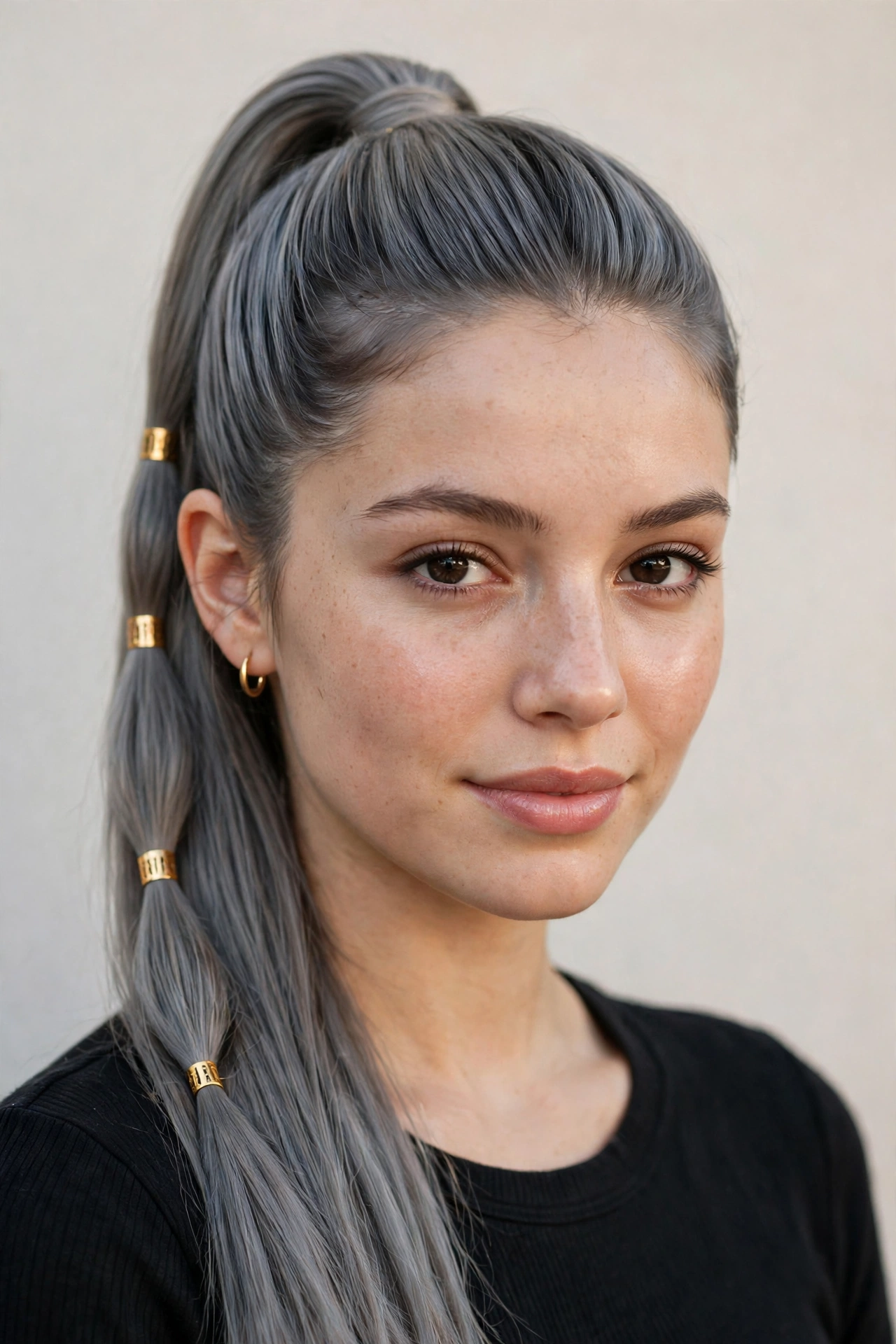 Soft Grey-Blended Date Night Hairstyles with a Sleek High Ponytail with Small Gold Cuffs