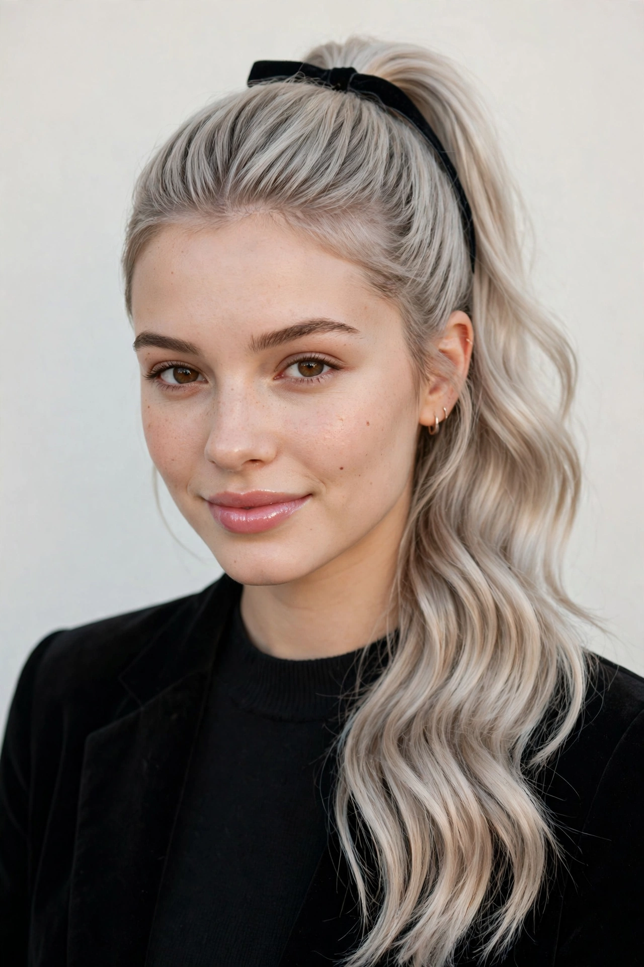 Date Night Hairstyles with a Sleek High Ponytail in ash blonde with a softly waved finish