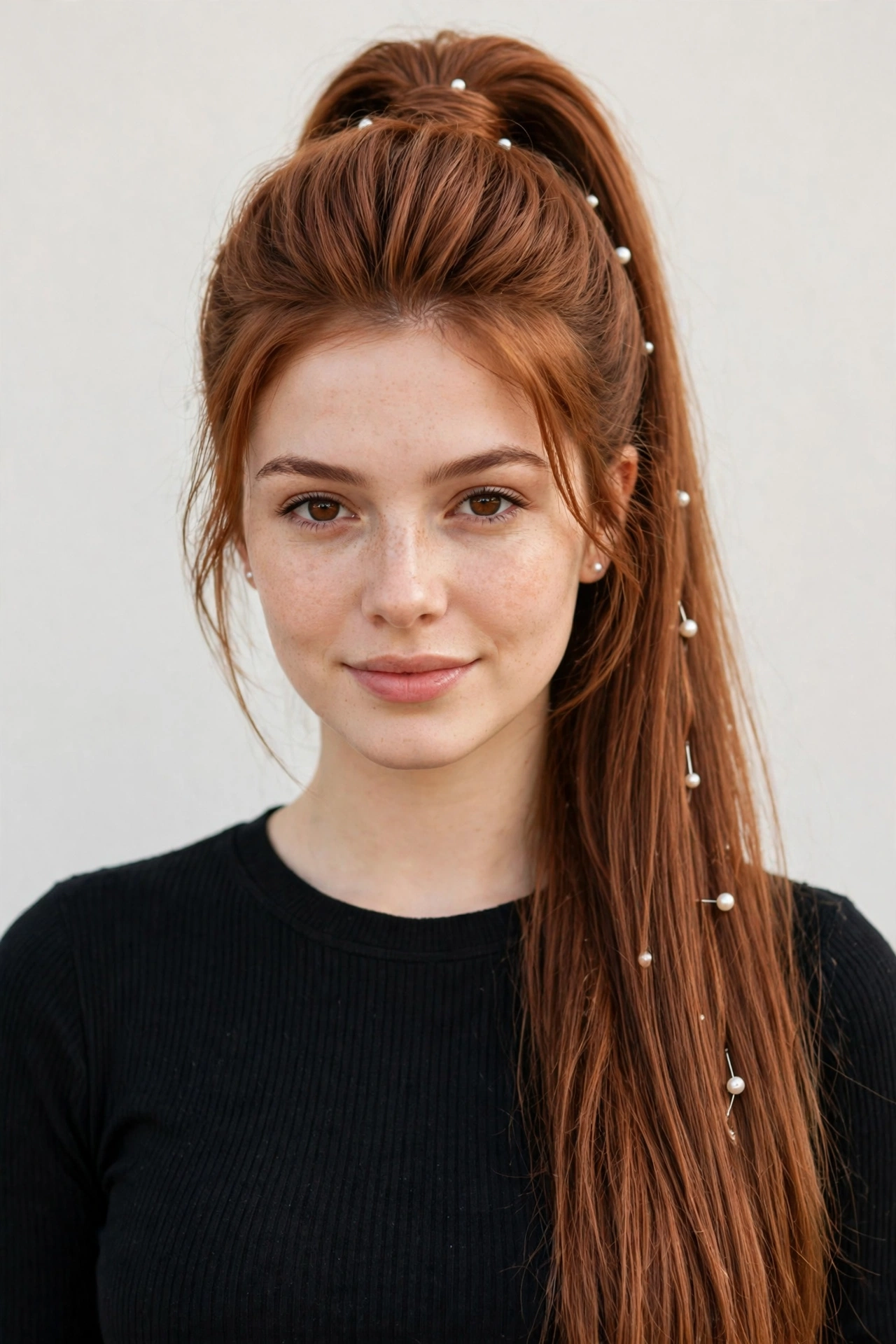 Soft Auburn Date Night Hairstyles with a Sleek High Ponytail with Delicate Pearl Pins