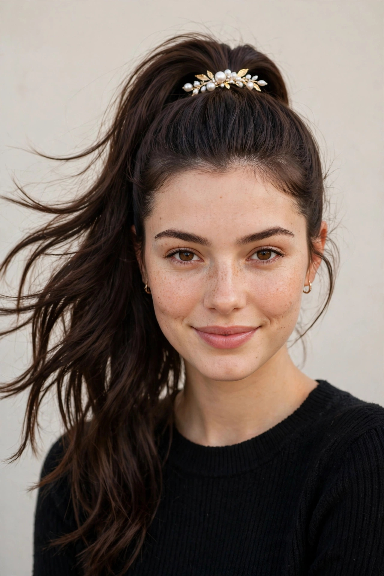 Date Night Hairstyles with a Sleek High Ponytail in deep brunette with a relaxed with movement finish