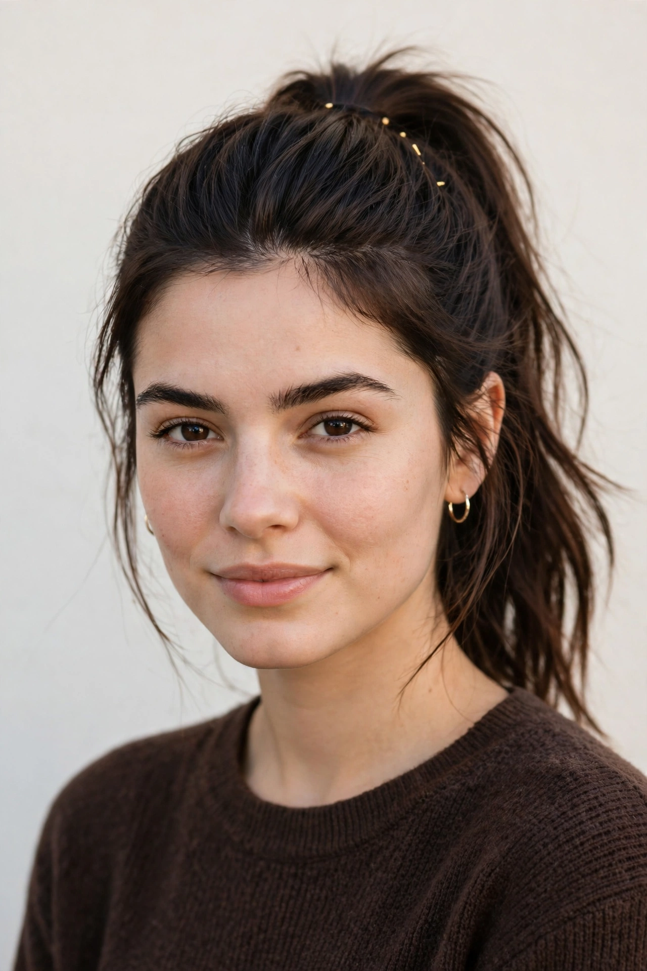 Dark Chocolate Date Night Hairstyles with a Sleek High Ponytail with Minimal Gold Pins