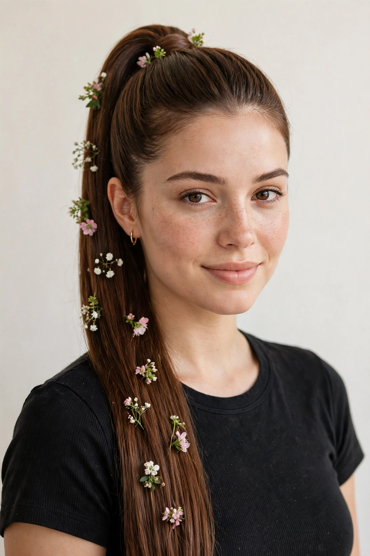 Chestnut Date Night Hairstyles with a Sleek High Ponytail with Tiny Fresh Flowers