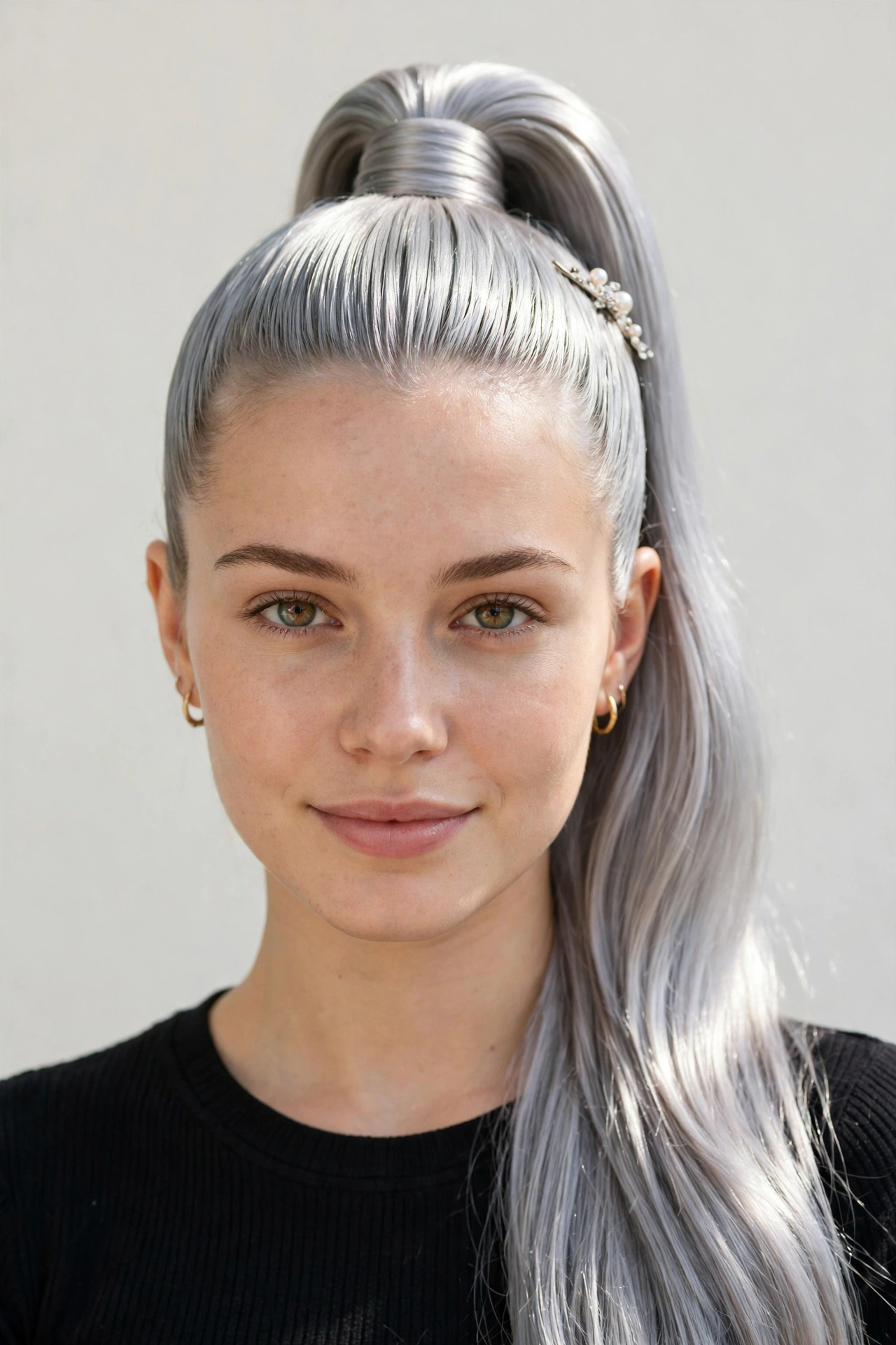 Date Night Hairstyles with a Sleek High Ponytail in silver with a sleek with shine finish