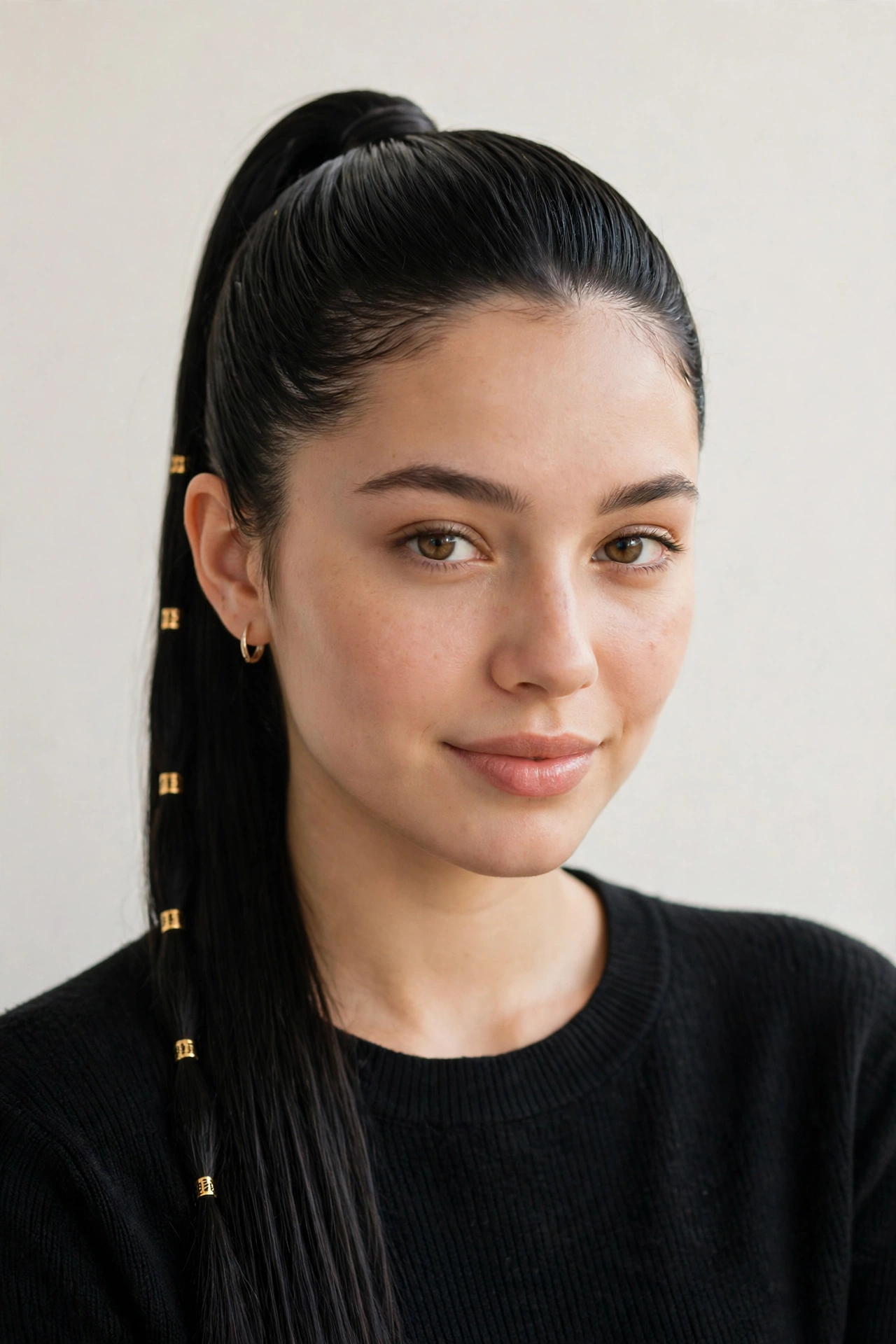 Soft Black Date Night Hairstyles with a Sleek High Ponytail with Small Gold Cuffs