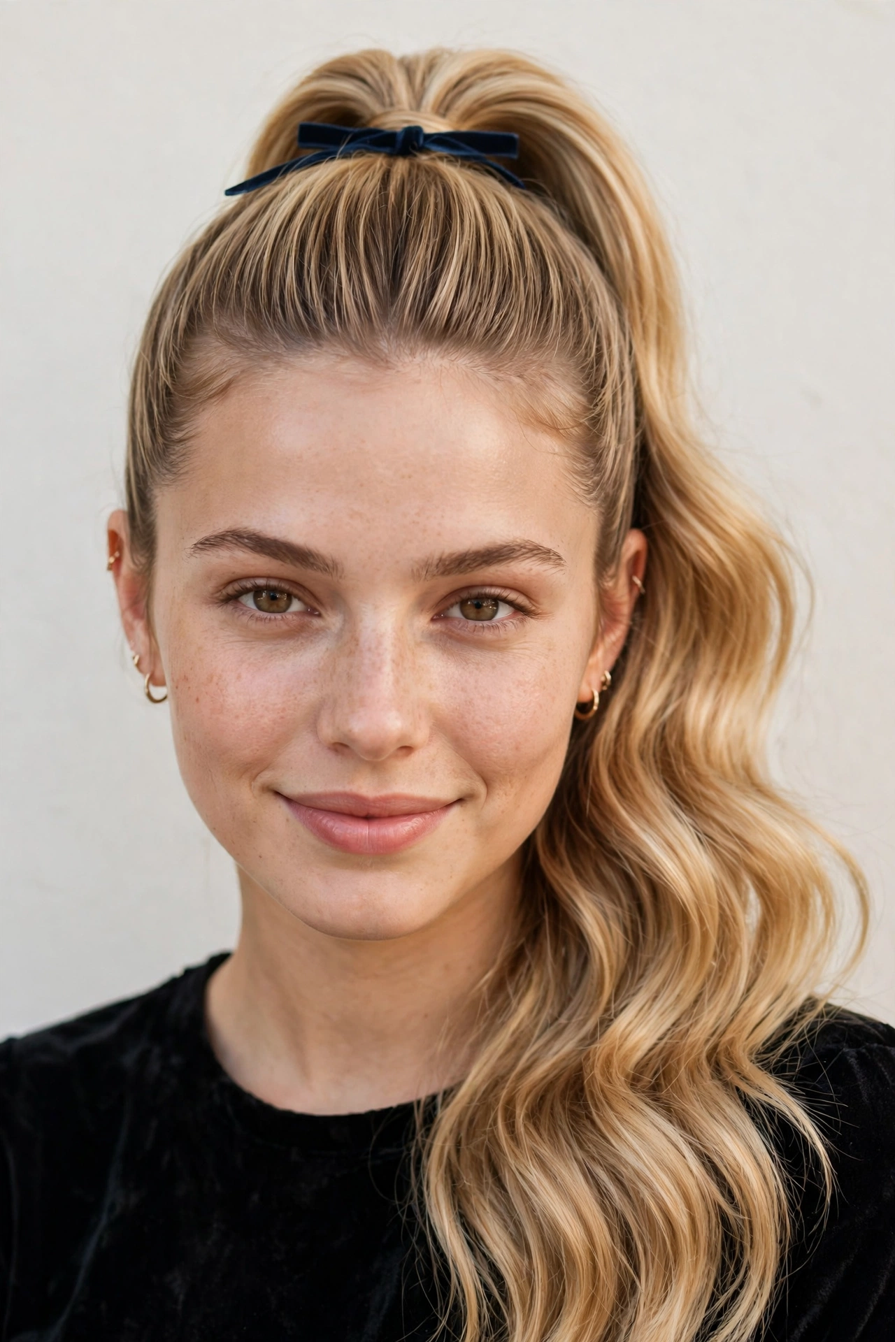 Date Night Hairstyles with a Sleek High Ponytail in honey blonde with a softly waved finish