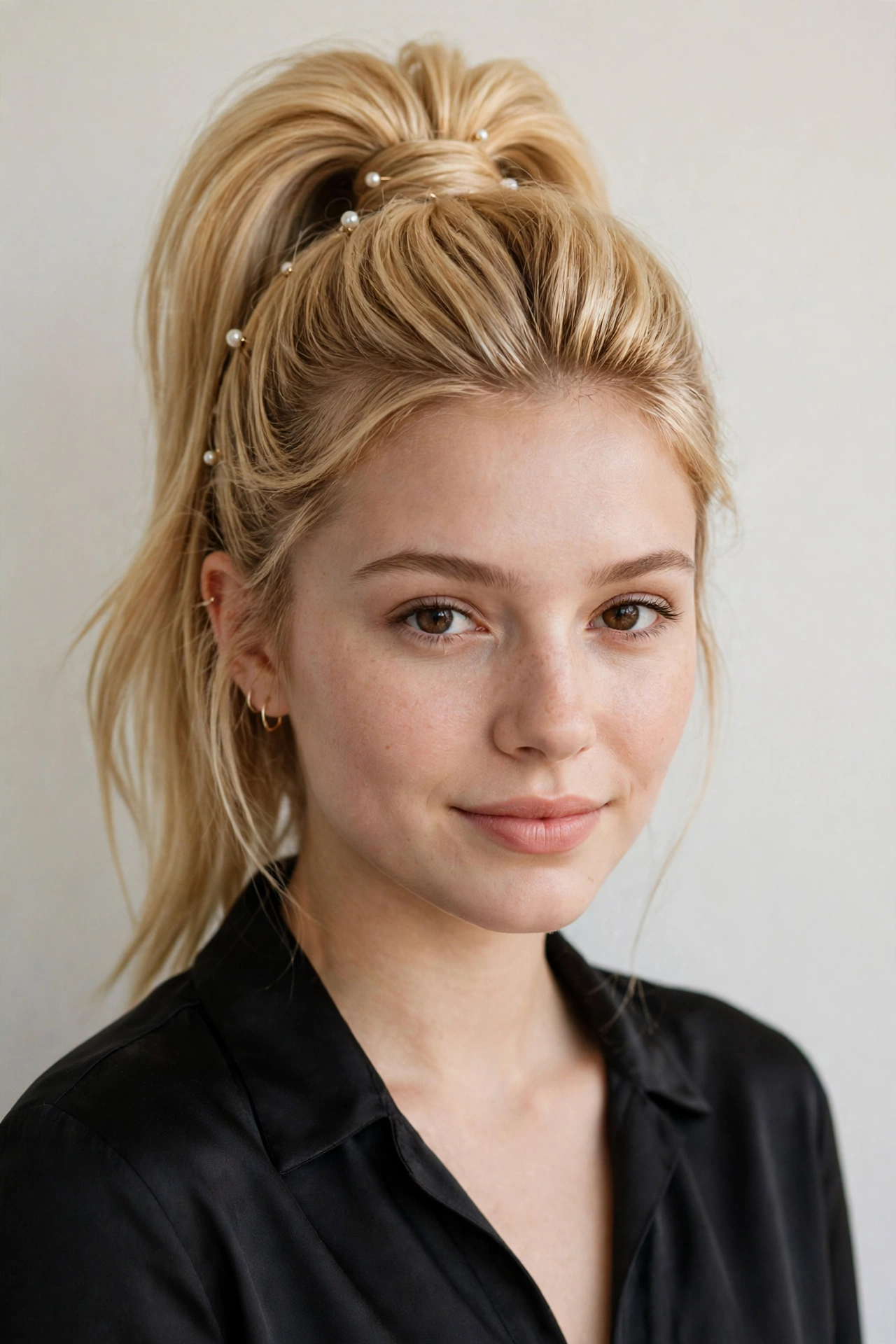 Golden Blonde Date Night Hairstyles with a Sleek High Ponytail with Delicate Pearl Pins