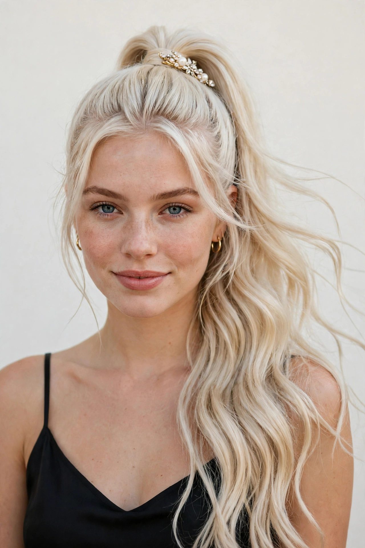 Date Night Hairstyles with a Sleek High Ponytail in platinum blonde with a relaxed with movement finish