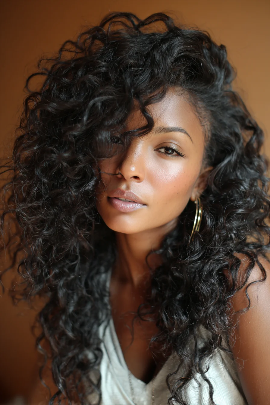 Deep Side Part Curly Hair with Defined Volume