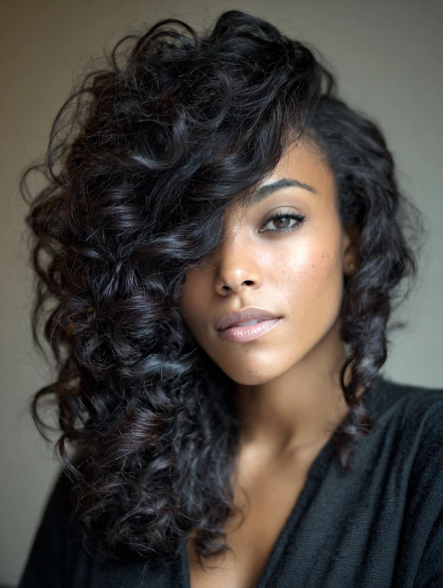 Voluminous Curly Hair with a Deep Side Sweep