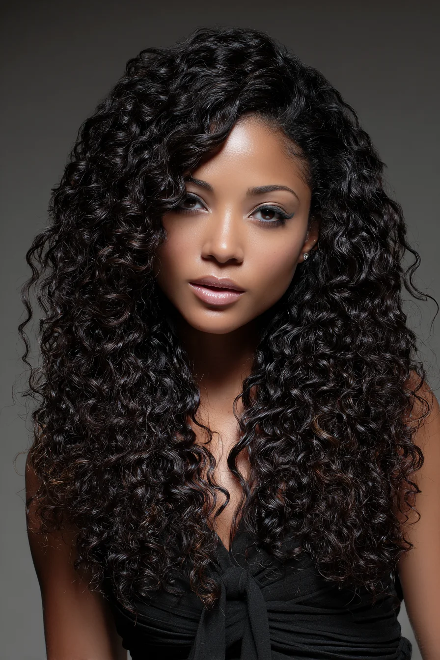 Curly Hair with a Deep Side Part and Soft, Defined Curls