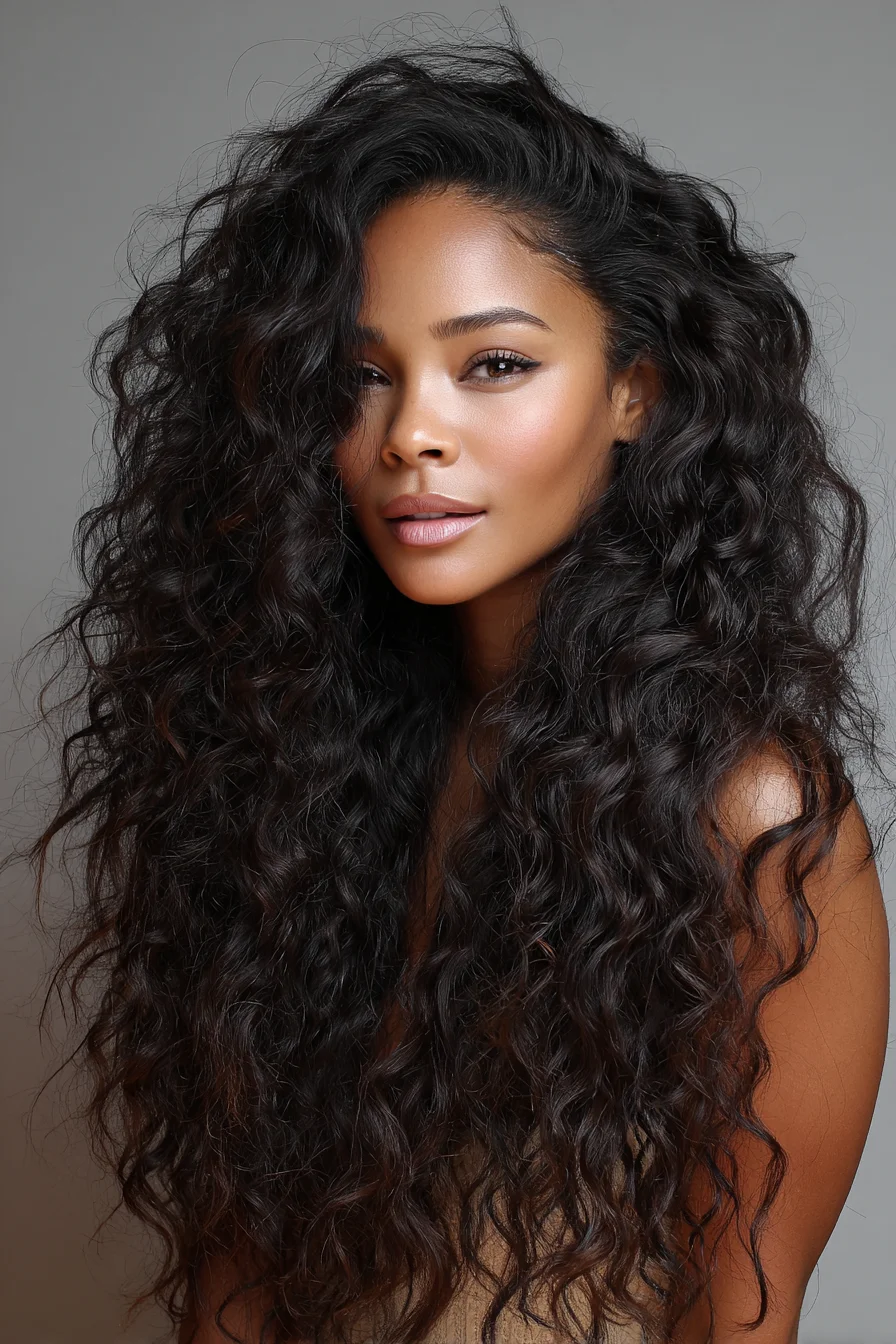 Deep Side Part Voluminous Curls with a Glossy Finish