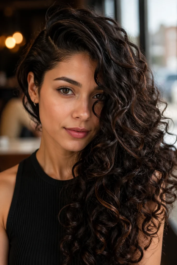 Deep Side Part Curly Hair with a Rounded, Full Silhouette