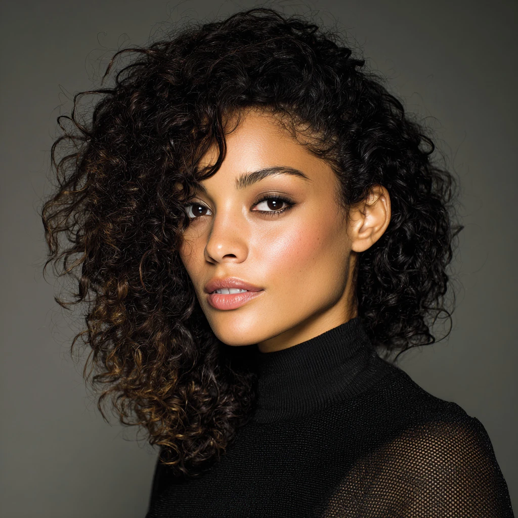 Curly Hair with Volume at the Roots and a Deep Side Sweep