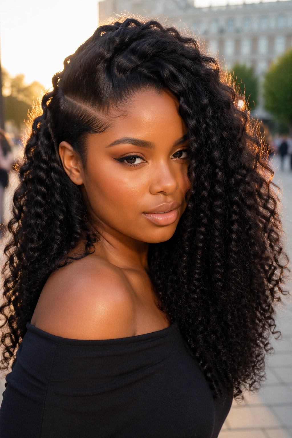 Curly Hair with a Deep Side Part and Airy, Defined Volume