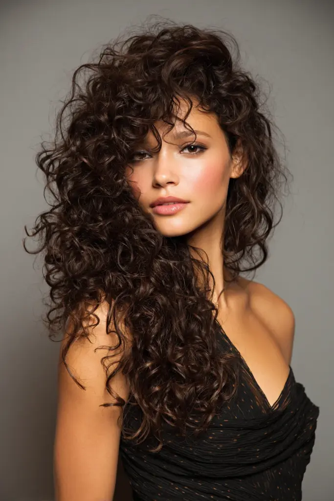 Curly Hair with a Deep Side Part and a Sleek Braided Side