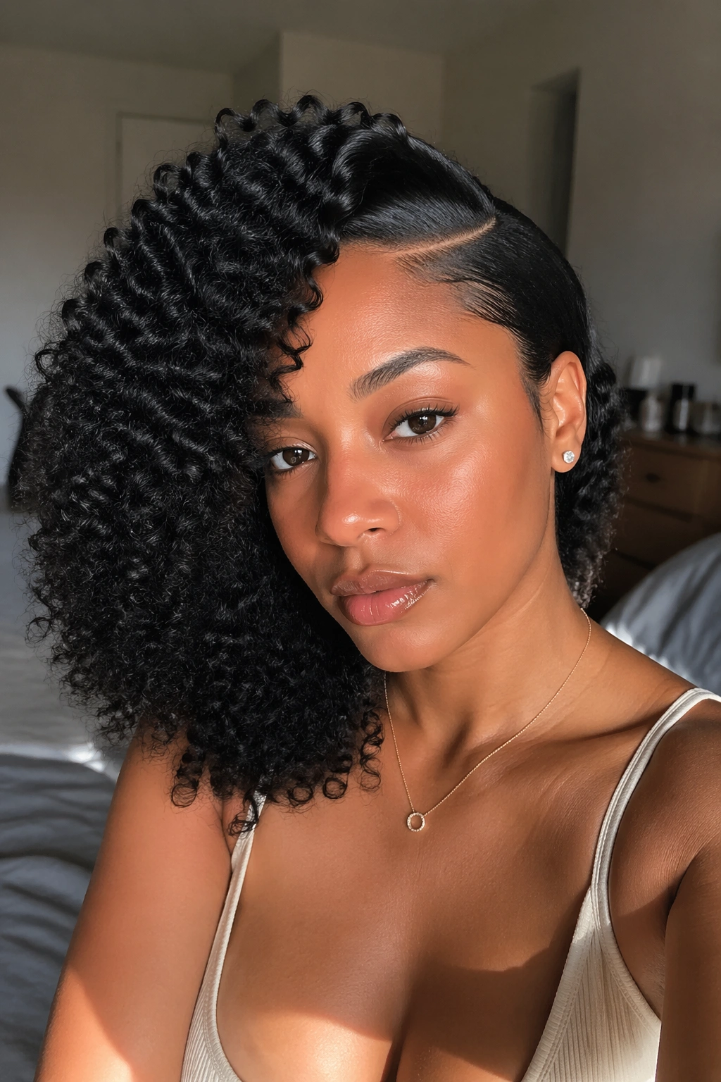 Deep Side Part Curls with a High Crown and Defined Shape