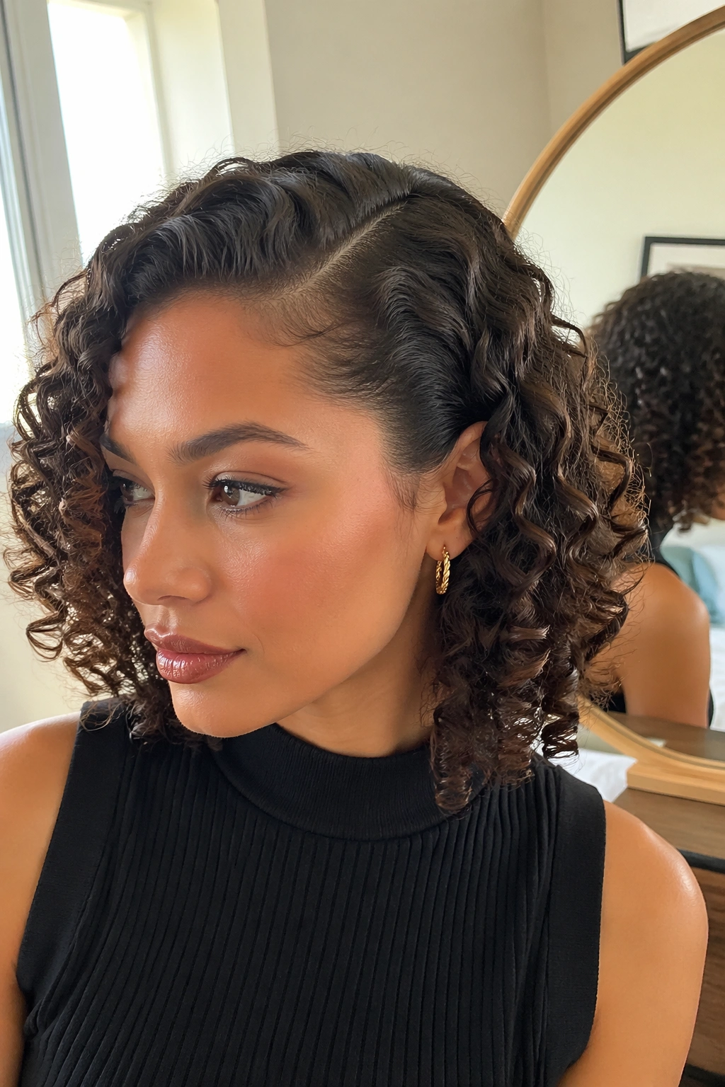 Deep Side Part Curls with a Full, Rounded Crown