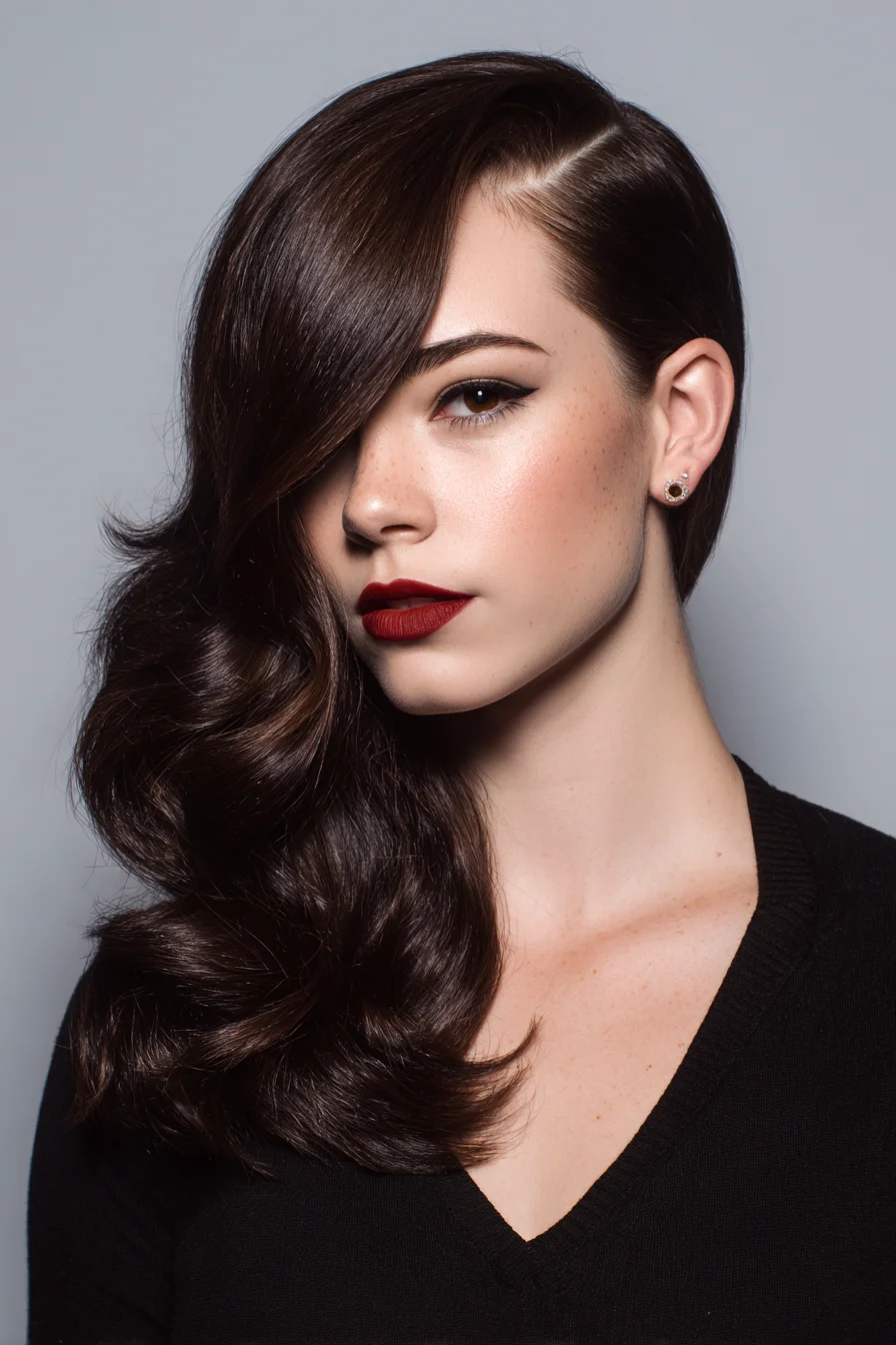 Deep Side Part Long Hair with Soft Swept Waves
