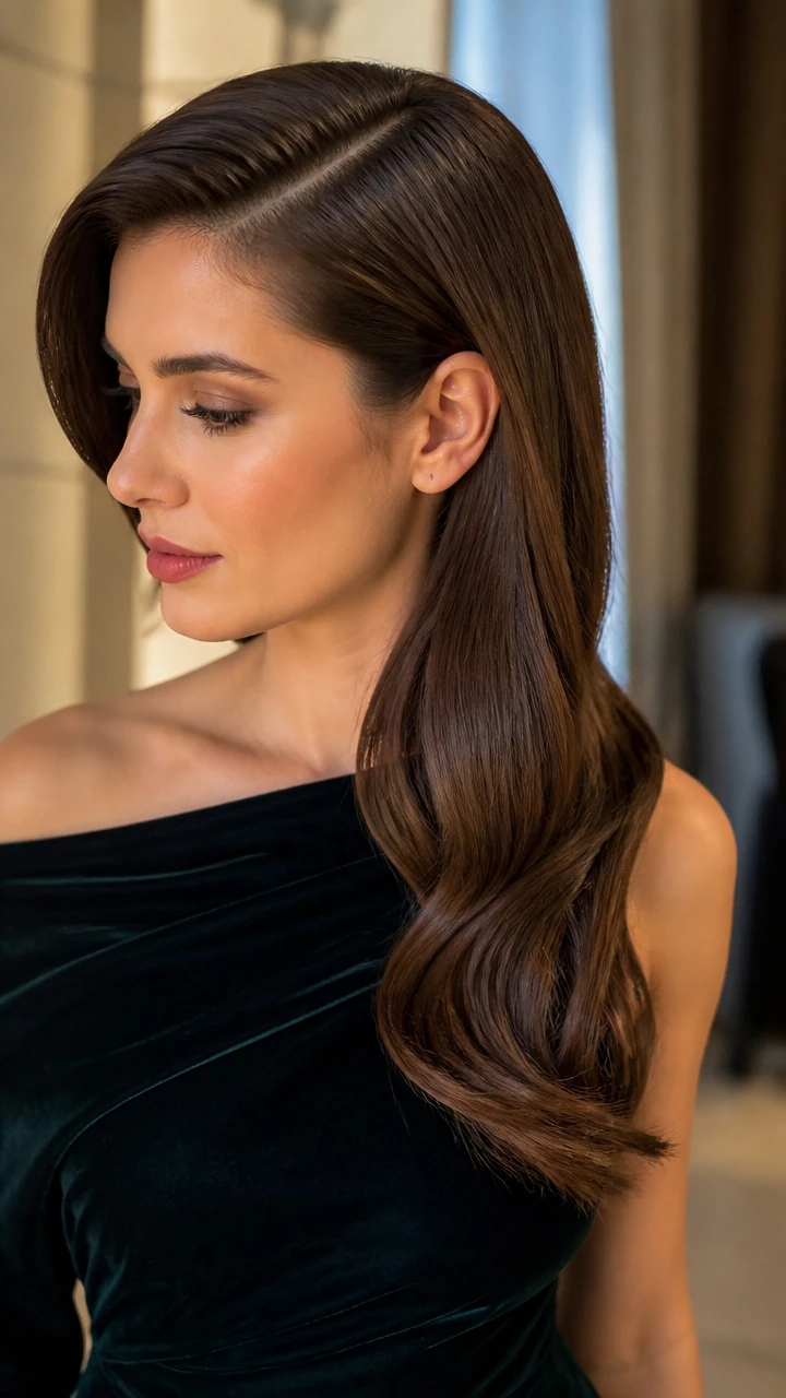 Long Hair Soft Waves with a Deep Side Part for Cold Days
