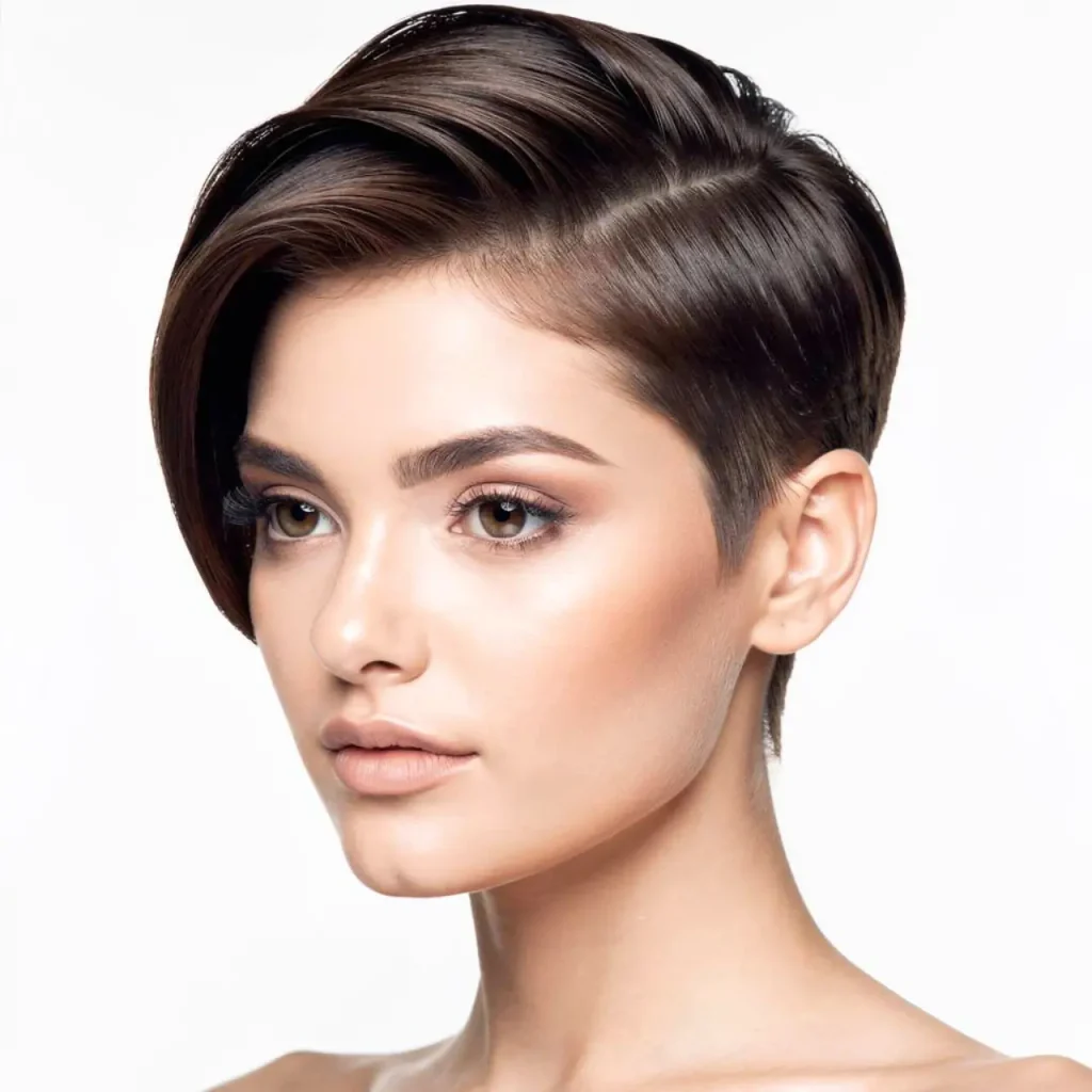 Deep Side Part Pixie with a Polished Tuck with a Sleek Crown