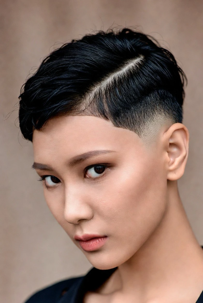 Deep Side Part Short Hair with a Tucked-Behind-the-Ear Finish for Cold Days