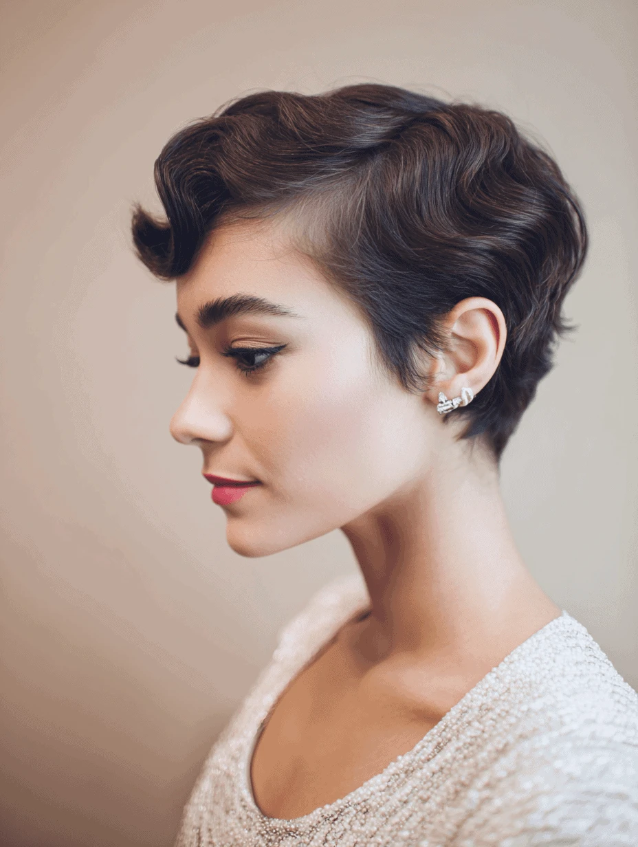 Elegant Short Hair with a Deep Side Part and a Polished Tuck with a Glossy Finish