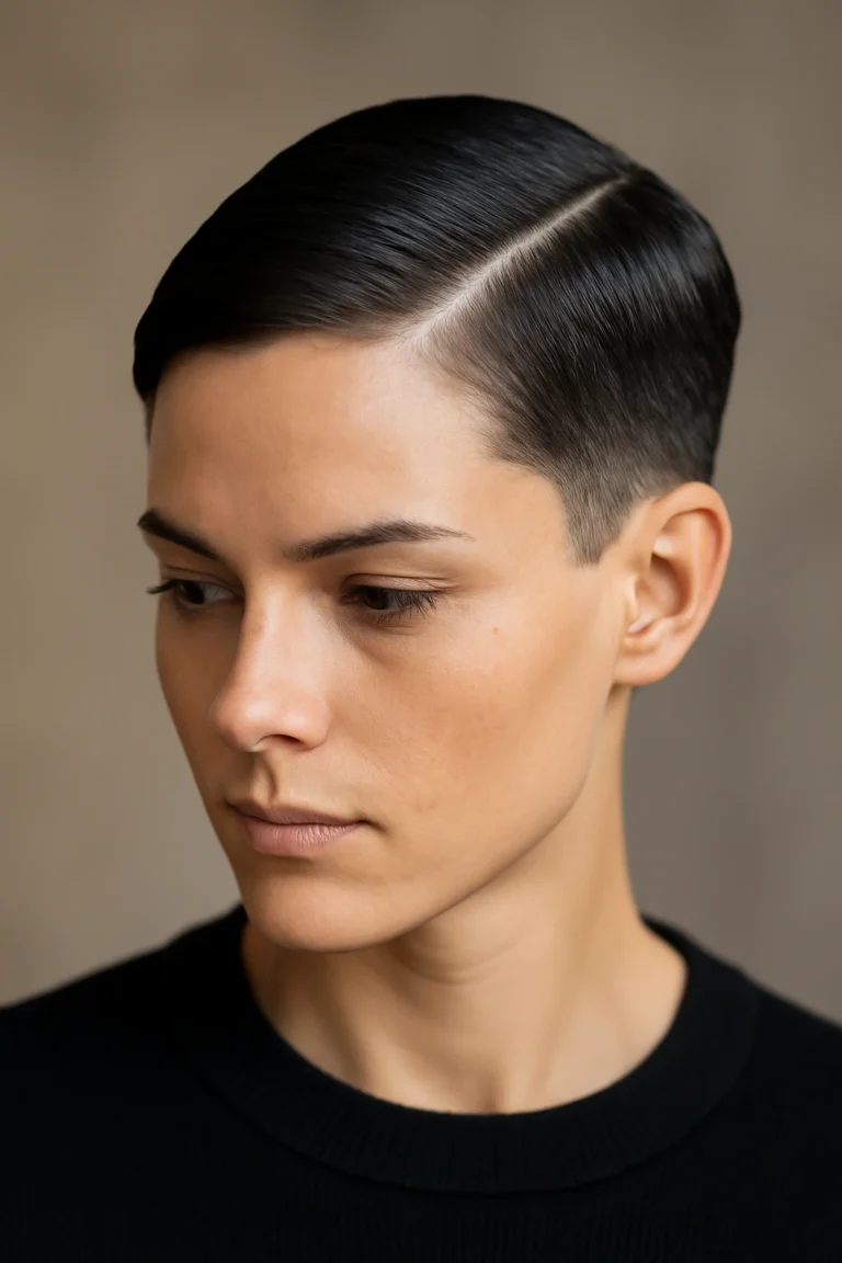 Short Hair with a Deep Side Part and a Neat Tuck with a Deep Sweep