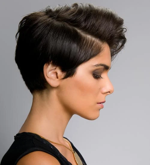 Deep Side Part Pixie with a Polished Tuck with Smooth Lengths