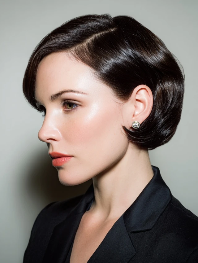 Short Bob with a Deep Side Part and a Polished Tuck for Winter Days
