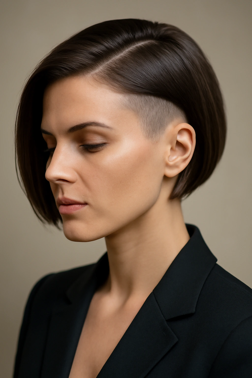Short Hair with a Deep Side Part and a Neat Tuck with a Soft Finish